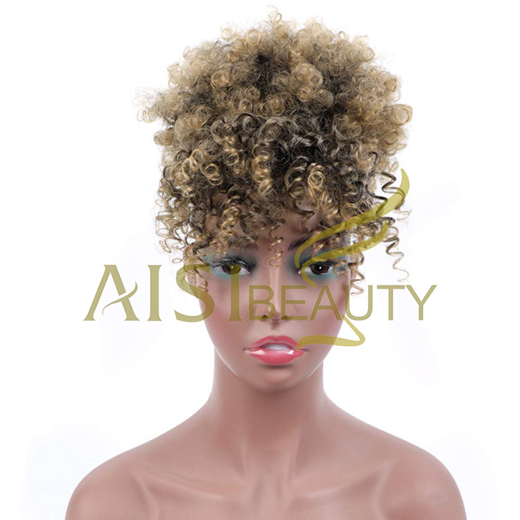 Aisi Beauty New Design Wholesale Mixed Brown Blonde Fluffy Puff Hairpiece Extension With Bangs Curly Afro Kinky Afro Hair Bun