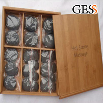 black polished hot stone with wooden box for massage therapy stone