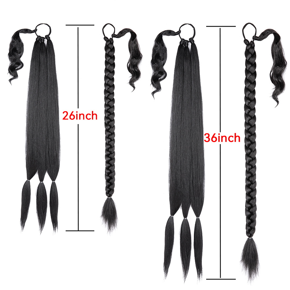 Alileasder 36inch Straight Synthetic Braided Ponytail Extension Black Pony Tail With Hair Tie