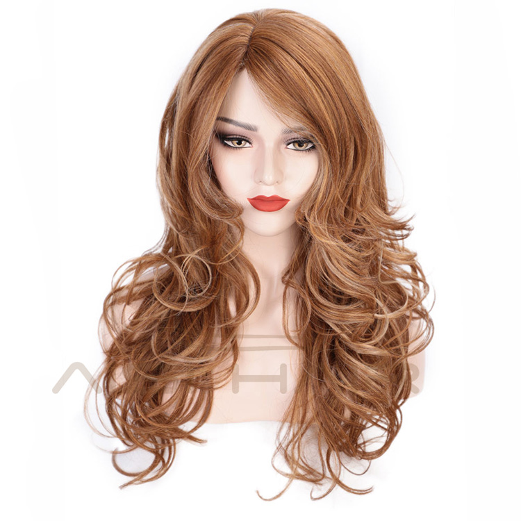 Aisi Hair Long Wavy Hair Brown with White Color Synthetic Wigs High Temperature Fiber Fashion Cosplay Wigs for Women