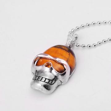 Tiger eye Skull Gemstone Pendant Necklace with Silver chain