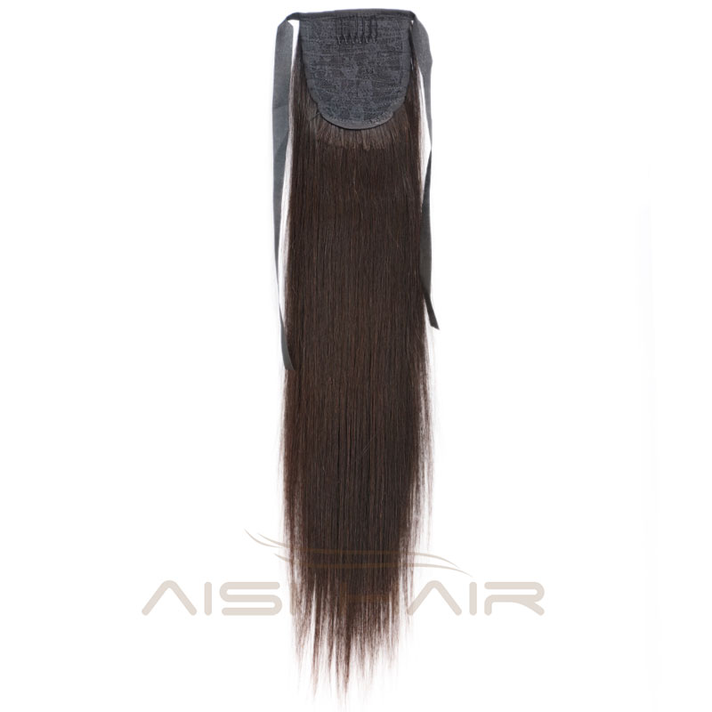 Aisi Hair Human Hair Straight Ribbon Ponytail Extensions Brown Color Ponytail Malaysian Human Hair Ponytail for Women