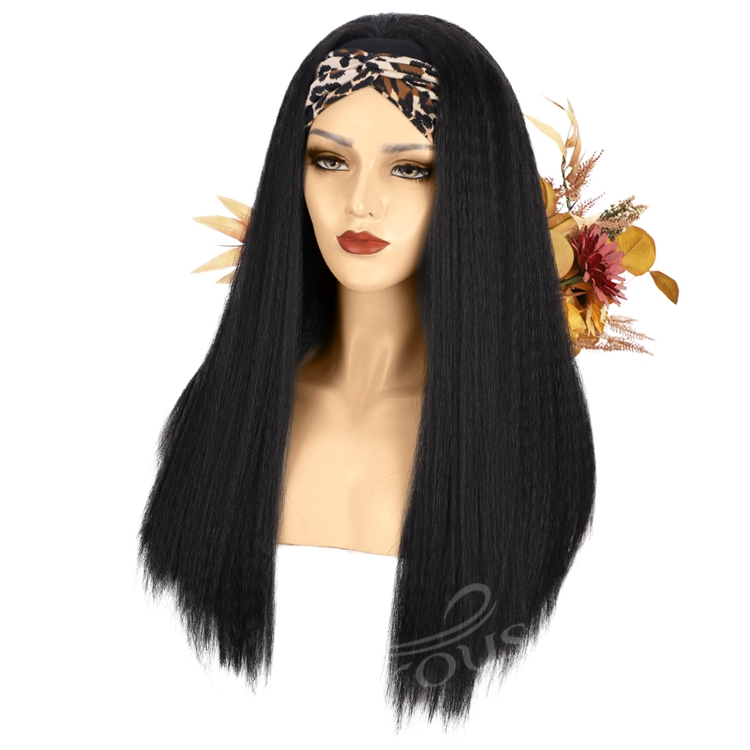Long Yaki Glueless 2021 Best Quality Wholesale Synthetic Wigs Grip Adjustable Headband Attached For Women Black Wig None Lace
