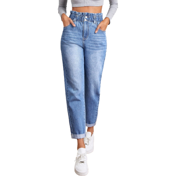 Wholesale High Waist Denim Women's Jeans with Light Blue Elastane Waistband