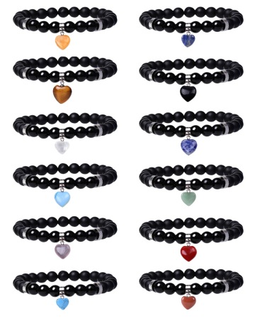 8MM Black Matte Onyx Round Beads With 15MM Gemstone Heart Charm Pendant Bracelet Crystal Beads Stretch Bracelet for Women Men