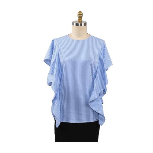 Women Fashion O Neck Strips Ruffles Sleeve Shirt