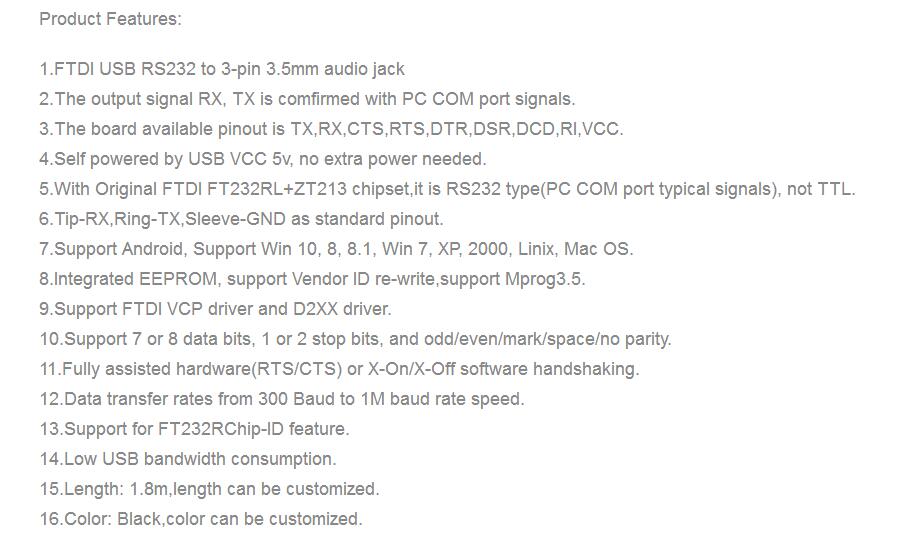 FTDI TTL RS 232  PL2303 USB To DC 3.5 Jack  Cable For Series  UART Interface Hardware Software