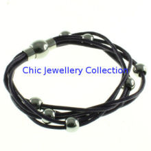 Black Multi-strand Leather Wrist Bracelets , 316l Stainless Steel Bracelets With Beads