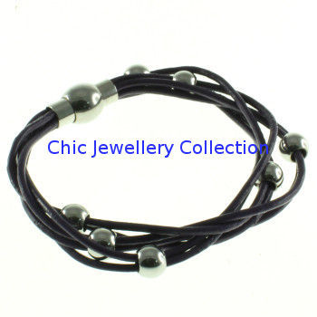 Black Multi-strand Leather Wrist Bracelets , 316l Stainless Steel Bracelets With Beads