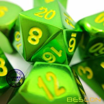 Bescon Heavy Duty Solid Metal Dice Set Glossy Green, Solid Metallic Polyhedral D&D RPG 7-Dice Set