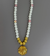 Elegant Pearl Beaded Necklace with Golden Shell Pendant