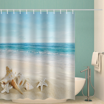 Starfish Conch Waterproof Shower Curtain Blue Sea Beach Bathroom Decor