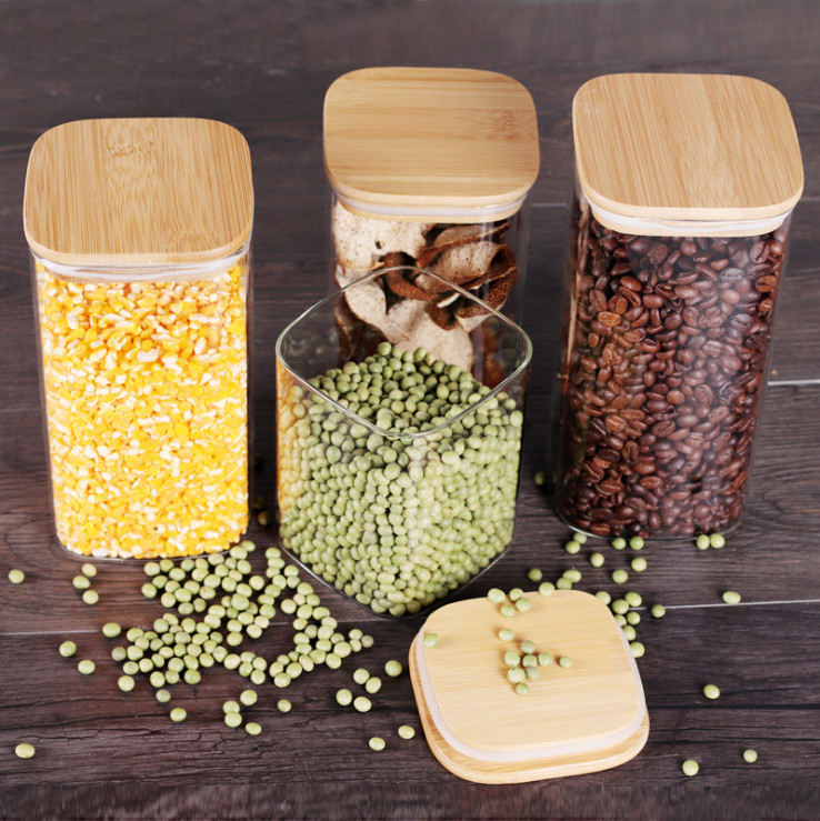 Wholesale custom printed square borosilicate glass spice jar with bamboo lid