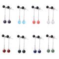 Gemstone redondea de 8 mm Beeds Dangle Pendiendo cadena de plata con arete de tachuelas de bola de cristal para mujeres Pendientes de caída de piedra natural