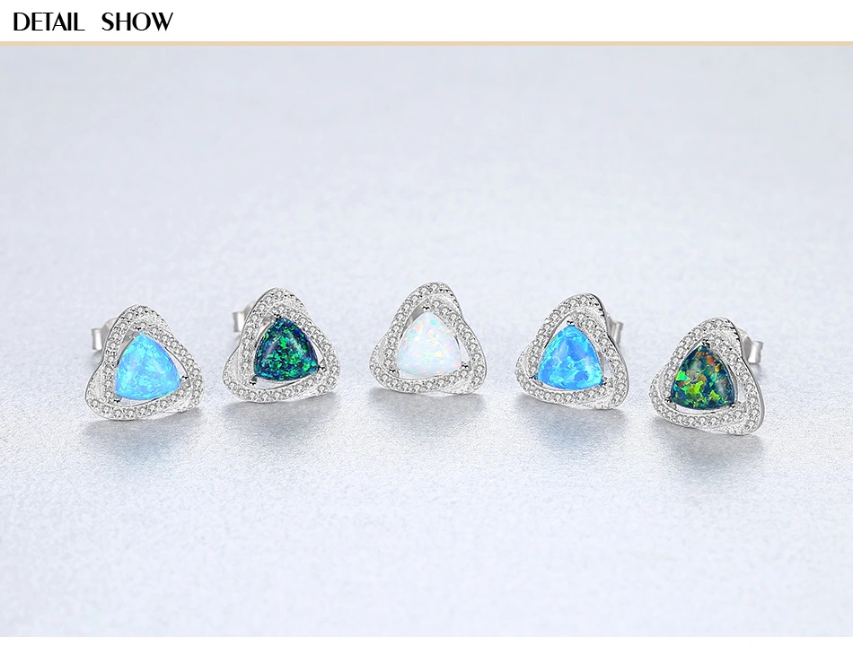 Luxury 925 Sterling Silver CZ Triangle Fire Opal Gemstone Stud Earrings