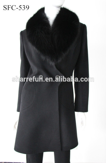 New Women''s Luxury Real Fur Collar Cashmere Long Coat