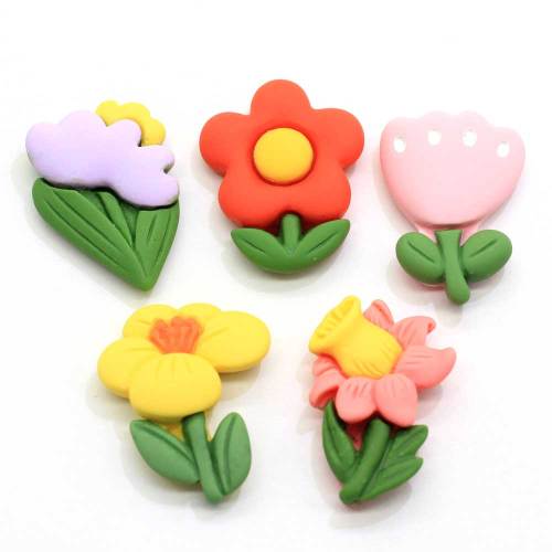 Lovely Flower Flatback Resin Cartoon Bloom With Green Leaves Decoration Crafts Home Early Education DIY Hair Bows Accessories