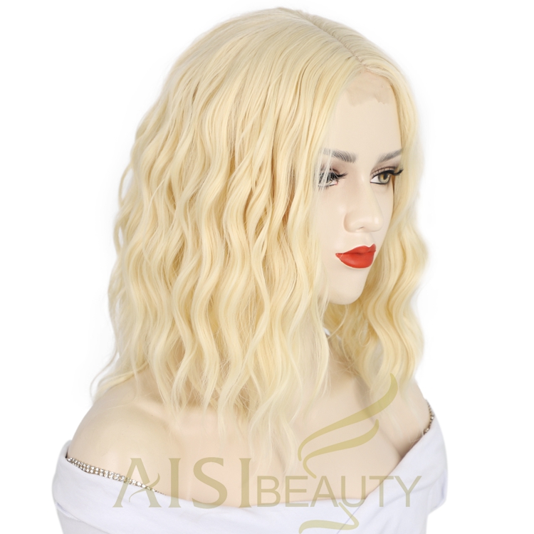 Aisi Beauty Silky Cheap Afro Body Wave Naturel Blonde Machine Made U Part Bob Cut For Women Short Wigs Synthetic Lace Front