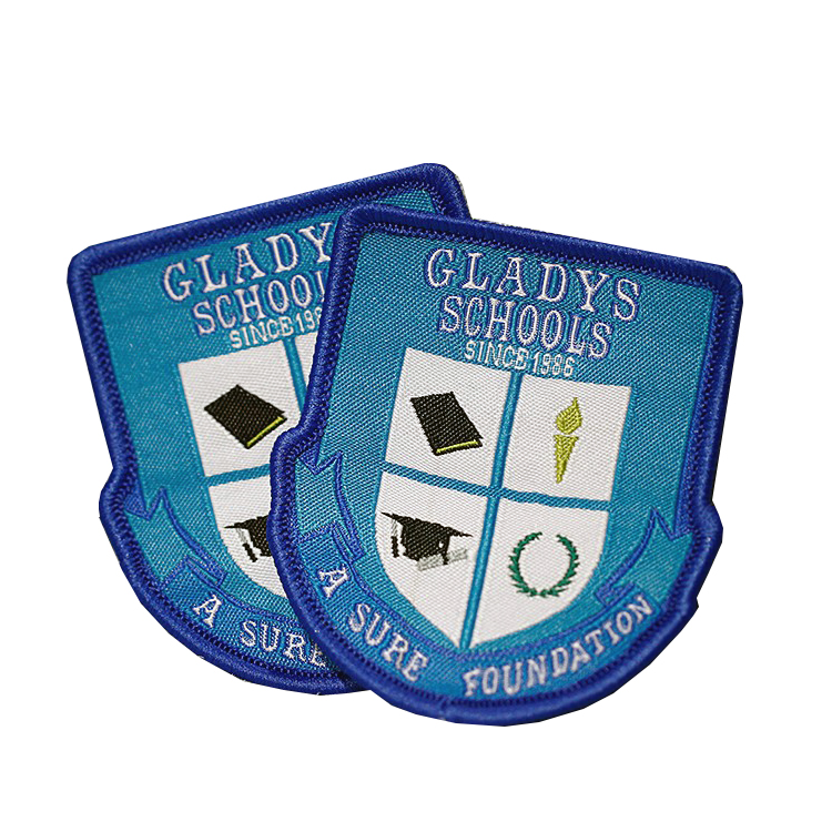 Custom Brand Name Logo Merrow Border Woven Badge for School Uniform