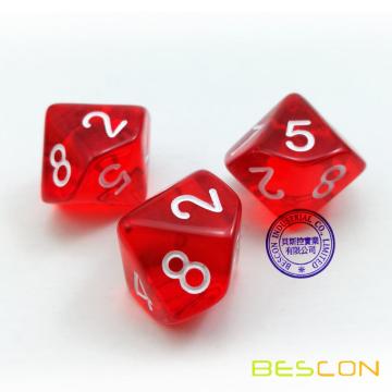 Bescon Polyédéric 10 Côtes Dés avec Numéro 1-10, Rouge Transparent 10 faces, 10 Cubes Cube 1-10
