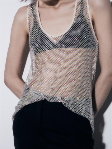100% Poly Diamond Perspective Mesh Lined Tank Top