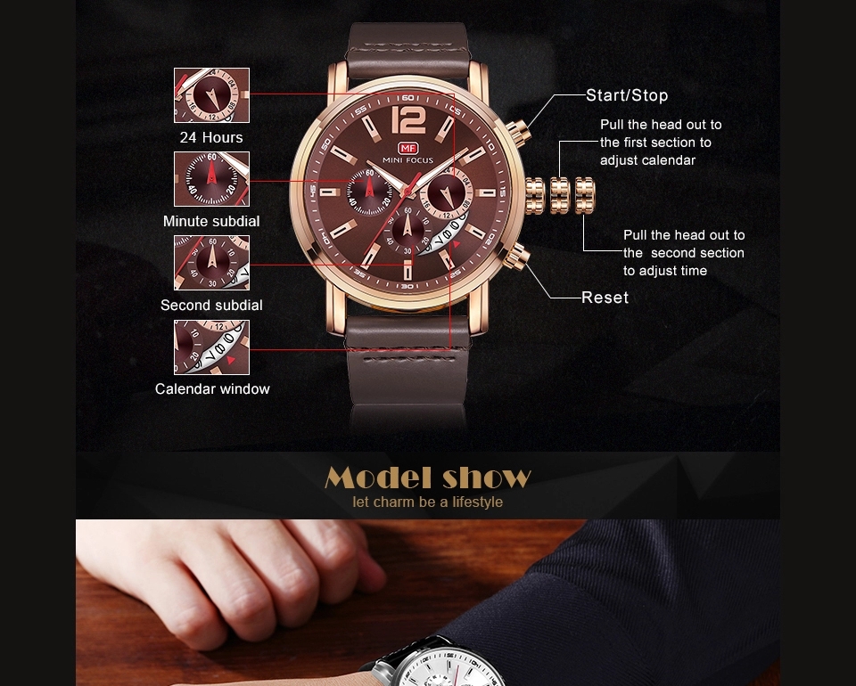 MINI FOCUS 0086 Chronograph Watch Military Sports Watches Men Wristwatches Quartz Movement Leather Relogio Masculino