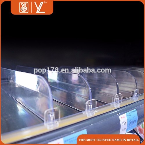 Supermarket plastic shelf pusher system clear shelf divider