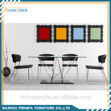 Simple design glass top cross metal legs dining table sets, dining room furniture