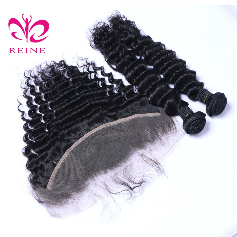 REINE Brazilian Malaysian Peruvian Virgin Hair Weaves 3 Bundles with Lace Frontal  Deep Wave 9A Indian Cambodian Remy Human Hair