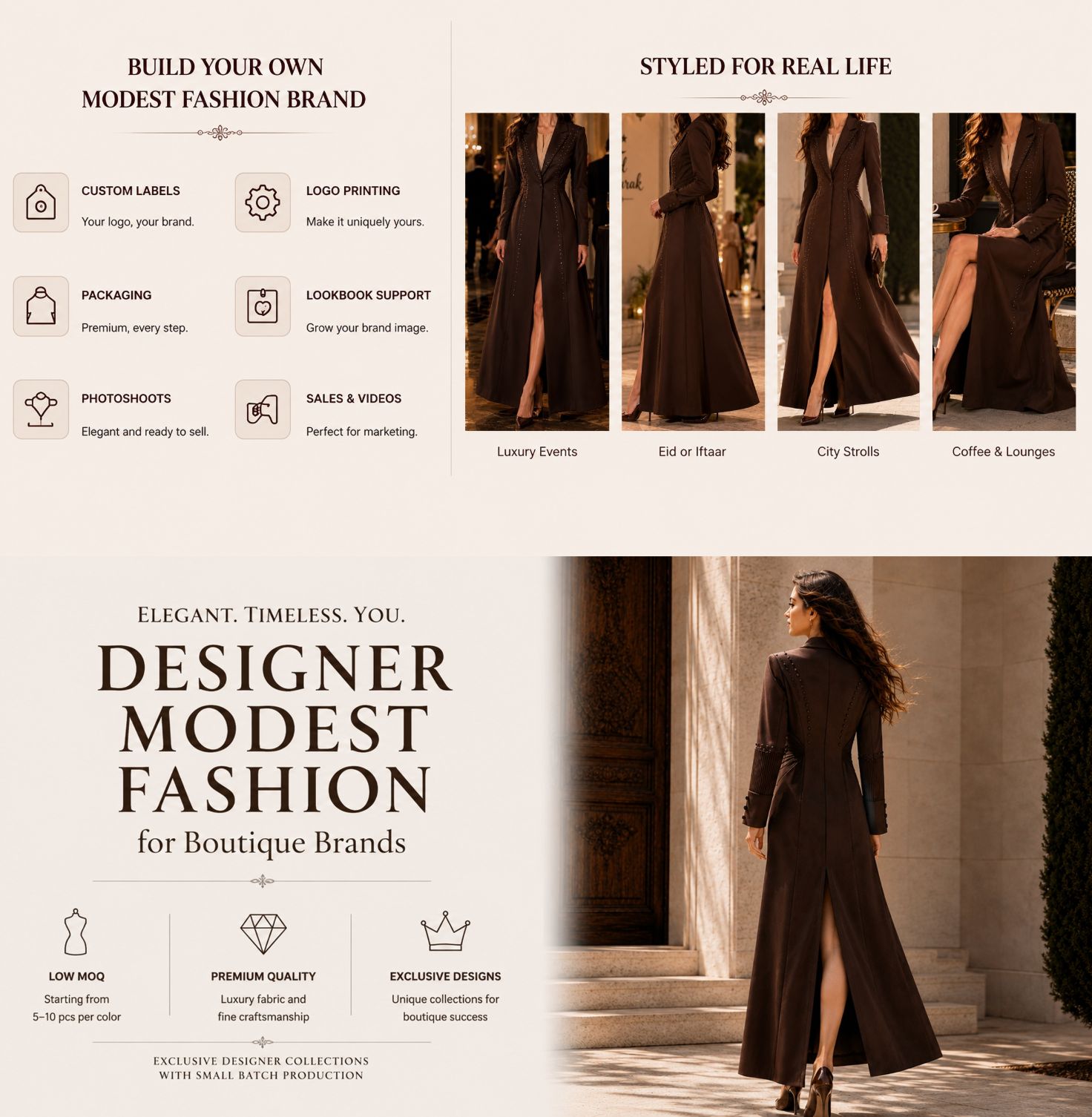 یک ظاهر طراحی شده برچسب خصوصی لباس کت بلند با تزئین قهوه ای brown embellished long blazer dress private label styling