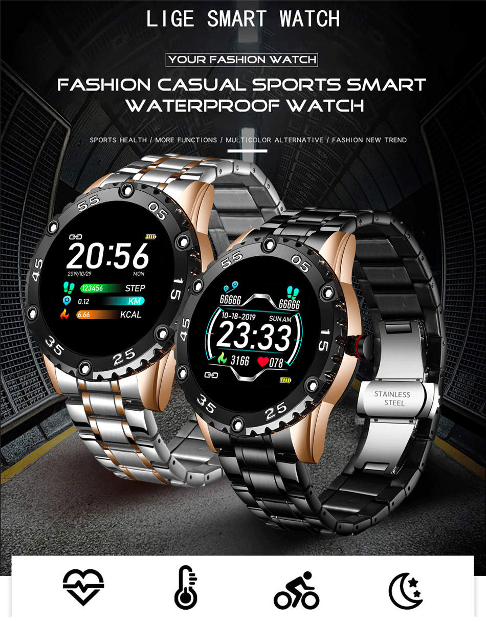 Lige BW0153 Stainless Steel Smartwatch Reminder Sports Waterproof New 2021 Lige Men Smart Watch