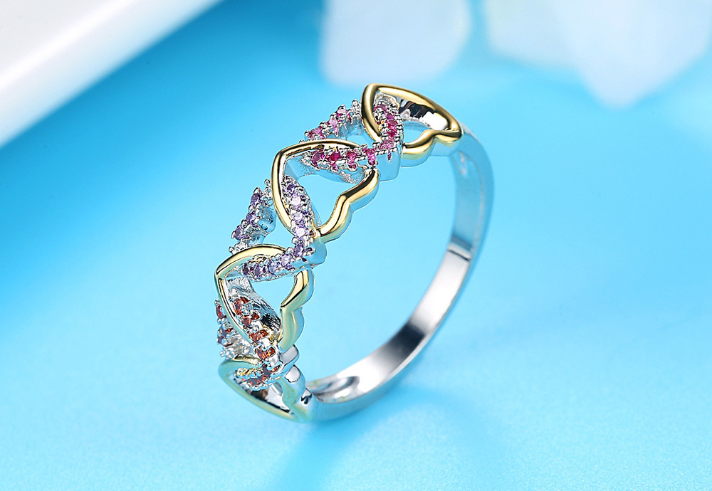 Popular colourful heart ring claw setting zircon heart winding couple ring valentine's day present