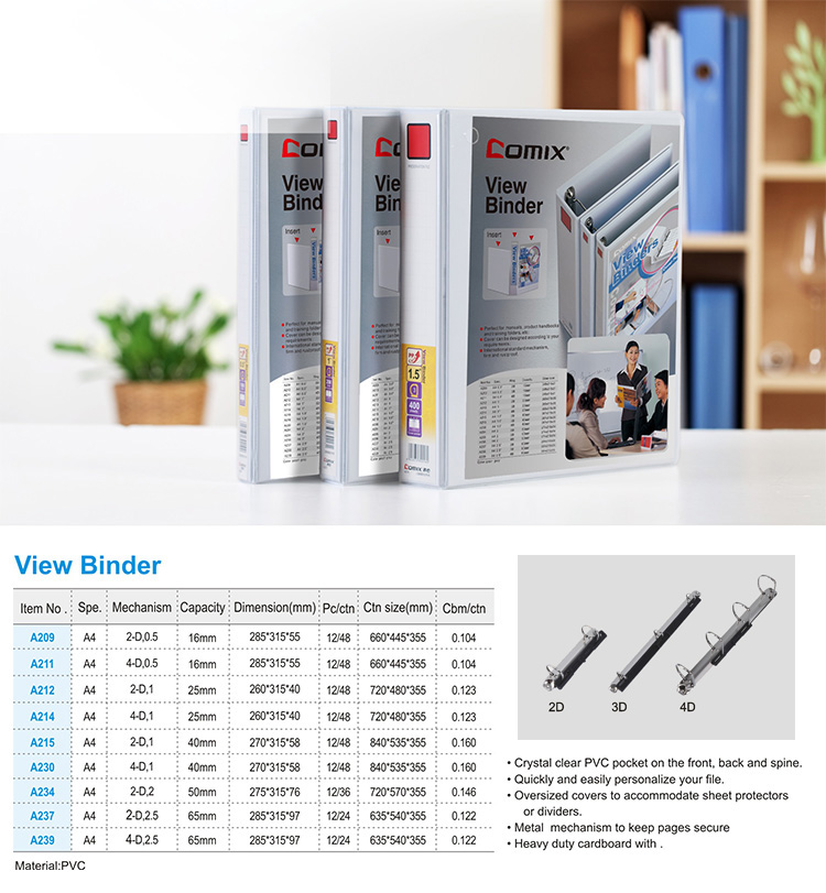 Comix Good Quality Hot Sell Spine Insert Wholesale Cheap Price White PVC A4 2 3 4 Ring Binder