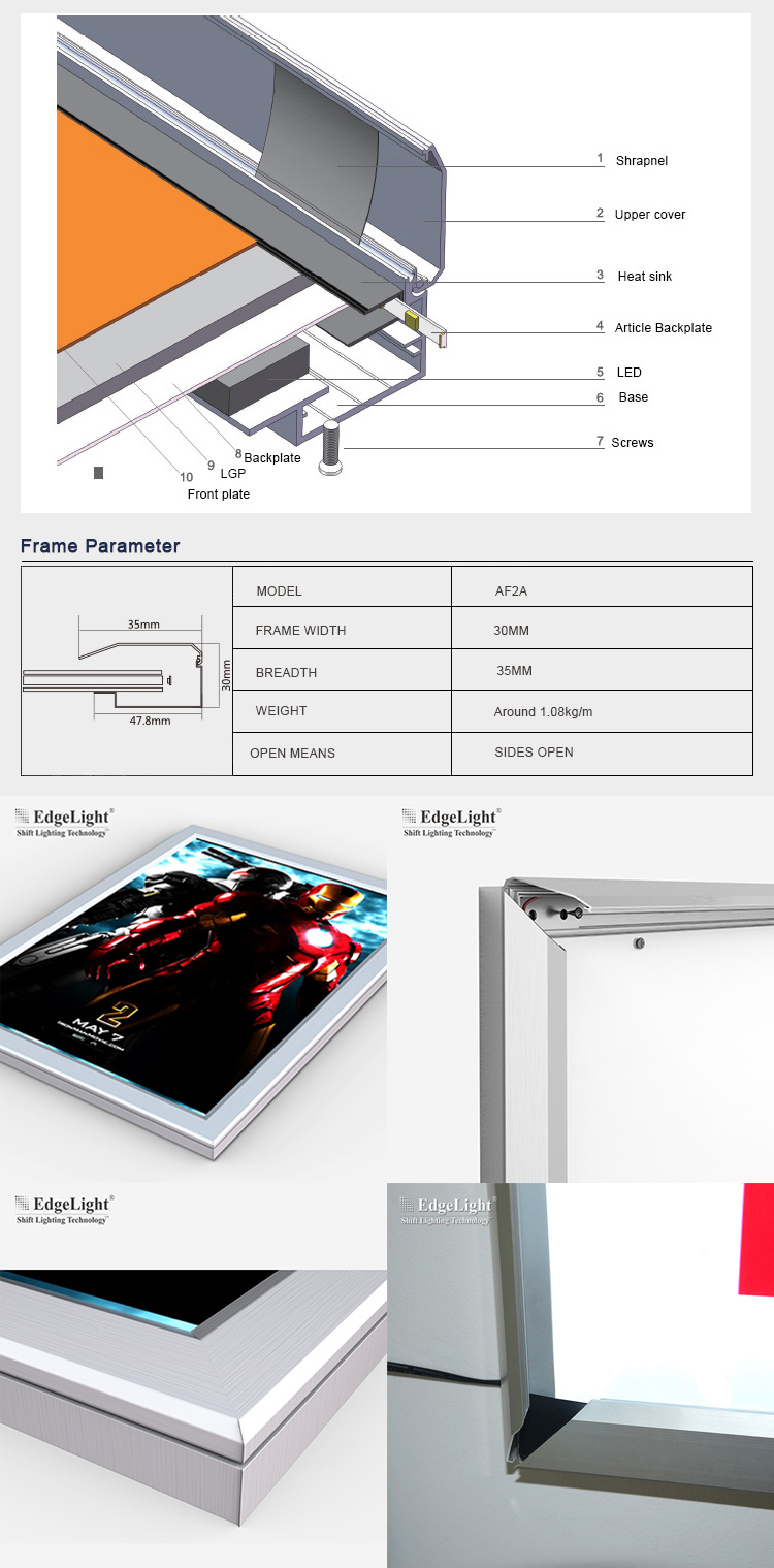 High quality aluminum profile snap frame 3d logo menu display slim led light box