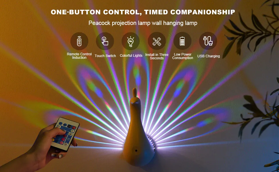 Peacock USB Desk Light: Remote Control Christmas Rainbow Projection Night Lamp