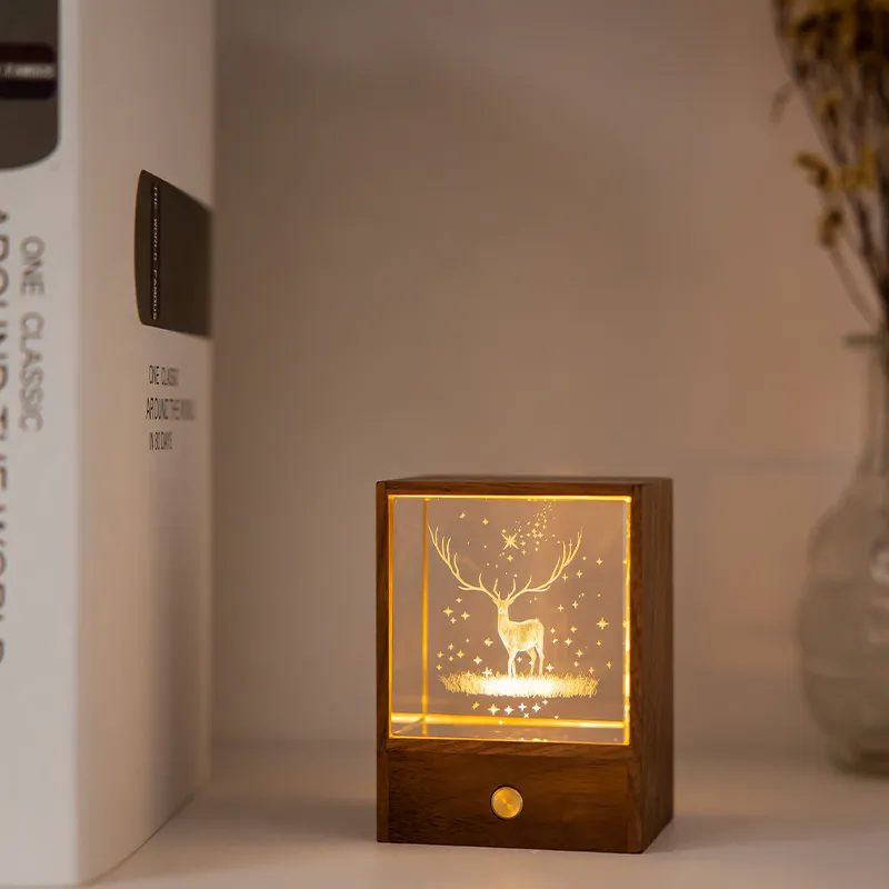 Enchanted Wooden Night Light Box with Radiant Crystal Sphere