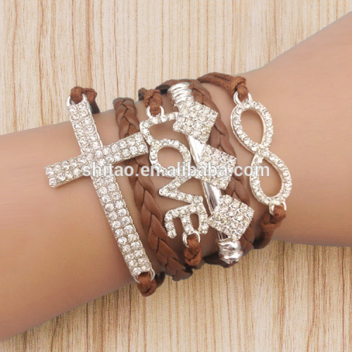 2014 New infinity handmade bracelet,love and cross Wax Cords Leather Fashion Bracelet