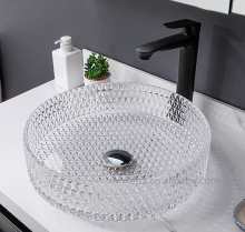 Round Tempered Glass Bathroom Sink - Luxury Crystal Wash Basin with Transparent Relief Art