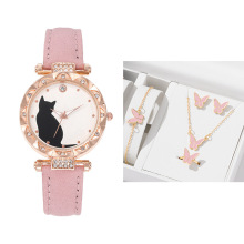 New Pop Female Fashion Watch Set: Simple Design, Kitten Theme Quartz Watch