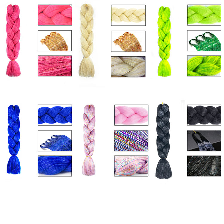 Jumbo Braiding Hair With Hair Tinsel Bling Synthetic Braid Hair Extension Mix Shining Tinsle 24 Inch Solid Color Black Blonde