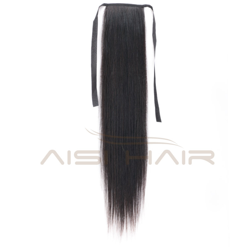 Aisi Hair 16 Inch Brazilian  Human Hair Ponytail Human Hair Ribbon Straight Ponytail Extensions for Black Women