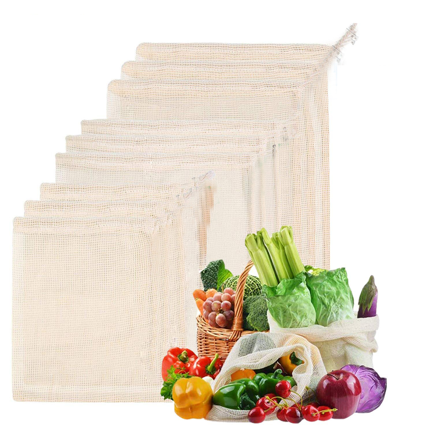 Eco friendly food grade reusable organic cotton mesh drawstring bags for fruits and vegetables