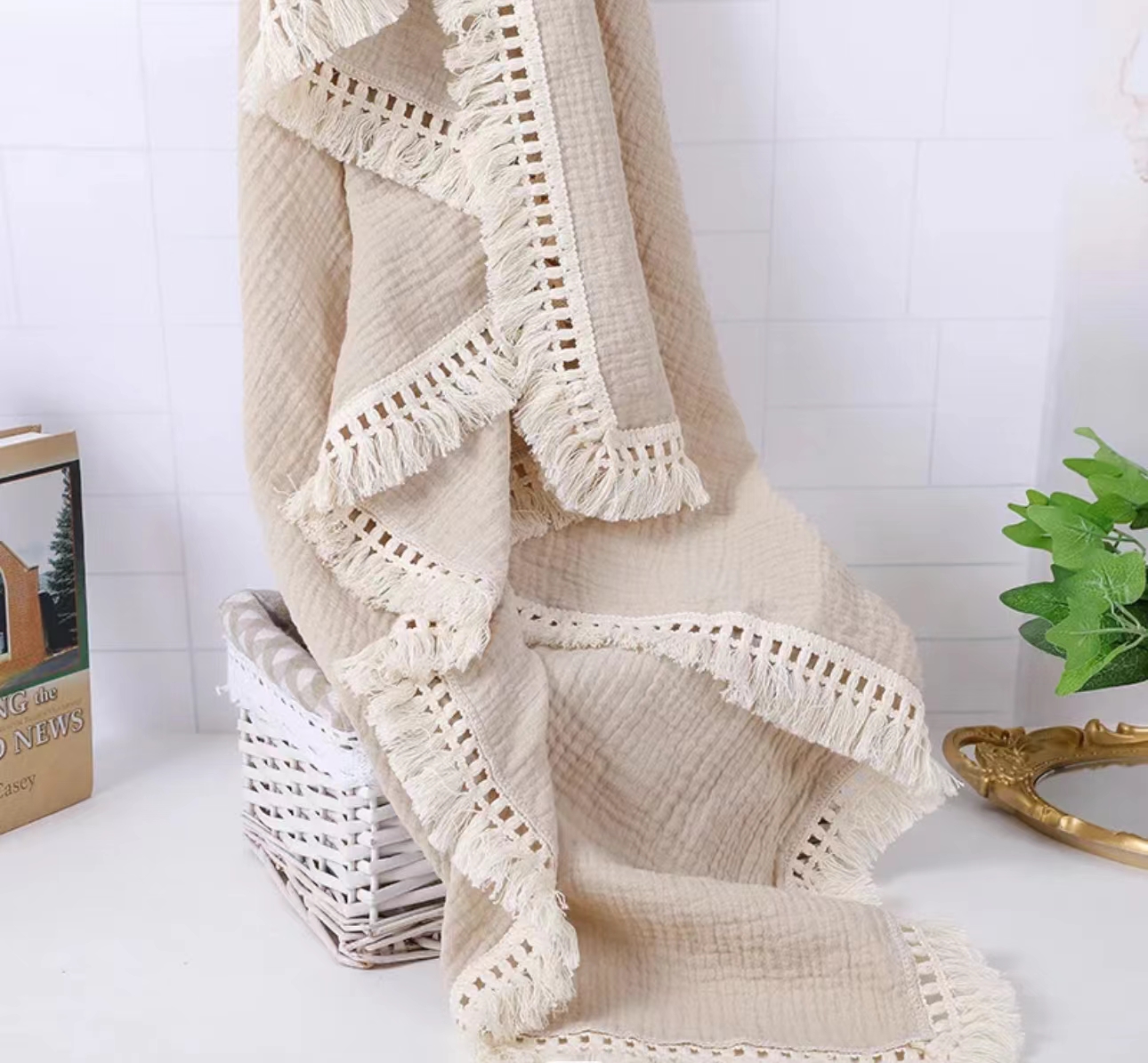 100 pamuklu saçaklı bebek battaniye bej 100 Cotton Fringed Baby Blanket Beige