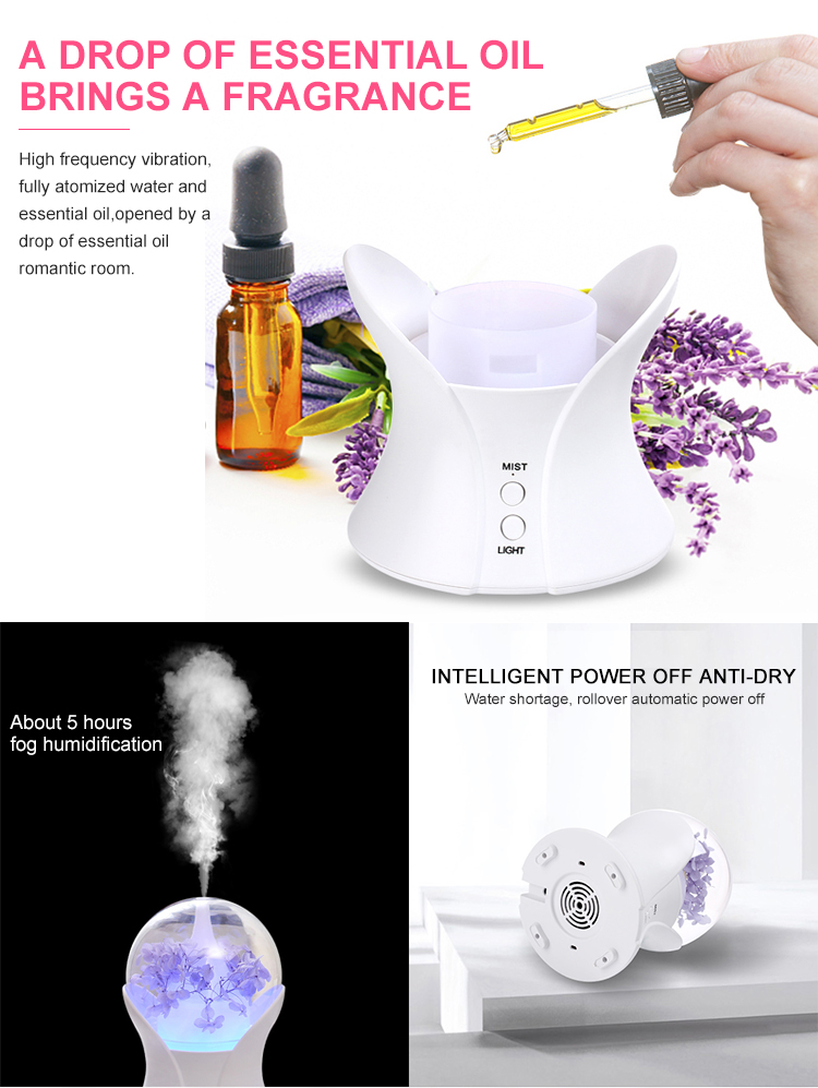 Hushållsrundan dekorativ 100 ml Mist Maker Fogger Aromaterapi Essential Oil Diffuser LED Light Firidifier