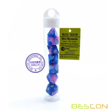 Bescon Mini Gemini Deux Tons Polyédriques RPG Dice Set 10MM, Petit Mini RPG Jeu de Rôle Dice D4-D20 en Tube, Couleur de Myosotis