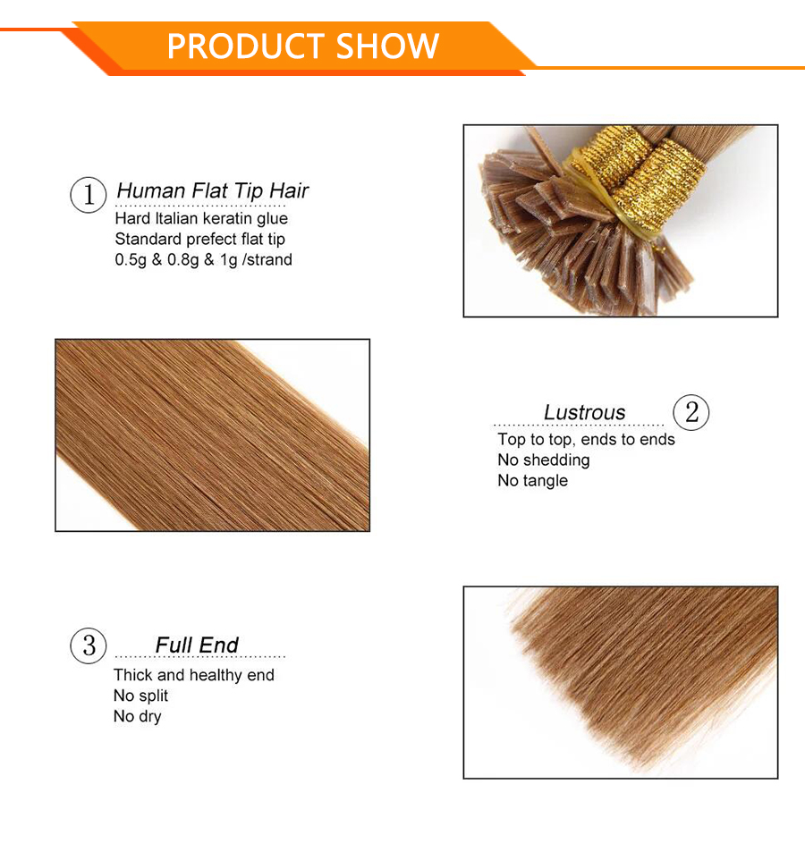 Hot selling factory high quality Russian rumy human hair extension Pre Bonded Hair Extensions Flat tip hair Flat bond extension