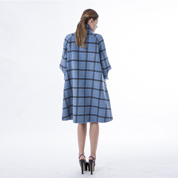 Blue checked cashmere coat with stand collar