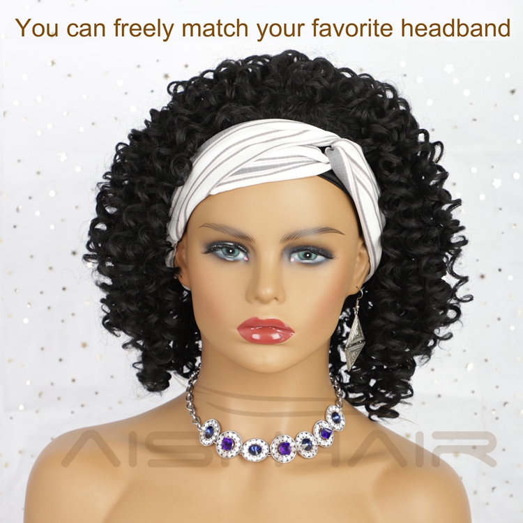 Curly Afro Heat Resistant Natural Short Wavy Attached Adjustable Headband Bobo Cheap Fiber Synthetic Woman Hair Wigs