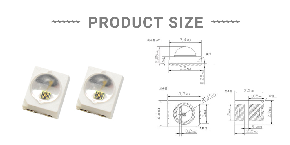 Size of 2835FIRC94E20I300A60 Infrared LED 940nm 2835 Dome Lens 60-degree 300mA