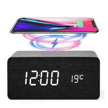 Wireless Charger with Bamboo Wood Alarm Clock, Calendar, and Table Decoration